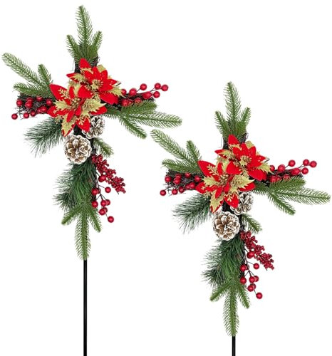 TWITTOOLS Christmas Cemetery Decorations for Grave 2 Pack Glitter Cemetery Flowers Cross Memorial Poinsettia Cross Stake Christmas Headstone Decor