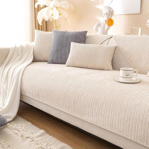 ZCXRYFL Sofabezug 1 2 3 4-Sitzer Anti Rutsch Chenille Sofaschutz Sofaschoner Hund Katze L-U-Form Eckcouch Sofa ÜBerwurf Hundedecke Leder/Holz Universal Sofa Schutzdecke Schonbezug(90X210cm,Beige)
