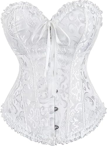 Demays Corset Tops for Women,Bustier Shapewear Lingerie,Lace Tied Renaissance Overbust Corset Push Up Bodysuit (UK, Alpha, L, Regular, Regular, White)