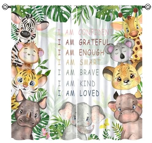 Cartoon-Safari-Tiervorhänge, niedliches Aquarell, Wildtiere, Dschungel, Fensterbehandlungen für Kinder, Jungen und Mädchen, Schlafzimmer und Wohnzimmer, inspirierende Zitate