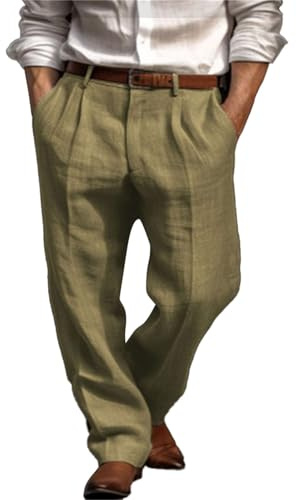 Generisch Anzughose Herren Regular Fit, Leinenhose Herren Lang Weit, Freizeithose Atmungsaktiv Schlupfhose Leichtgewichts Sommerhose Mit Seitentaschen Bundfaltenhose Straight Fitnesshose Einfarbig
