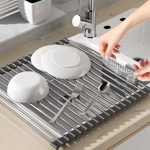 SANKESONG Over The Sink Dish Drying Rack, Roll Up Dish Drying Rack Kitchen Dish Rack Stainless Steel Sink Drying Rack, Foldable Dish Drainer, Gray - 43 cm x 35 cm