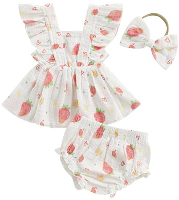 Traje de verano para bebé niña, fresa/cereza/limón, blusa con volantes y pantalones cortos, diadema, 3 piezas, ropa de verano para recién nacido, llegando a casa, 0-18 meses, blanco, 0-3 meses