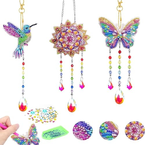 CHmiss 3 Stück Aufhängen Windspiel Basteln,Diamond Painting Sonnenfänger Windspiel,Diamond Painting Kinder Basteln,Bastelset Kinder Geschenke für Mädchen