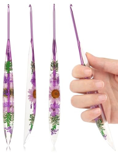 Coopay 3 mm virkning, glänsande blommig hartskrok, ergonomisk för artritiska händer och konisk metallkrok för virkning