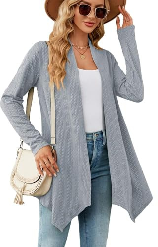 XFSRG Cardigan Donna Lungo Elegante Casual Leggero Maniche Lungo Cappotto Coprispalle Cardigan Ampio con Risvolto Manica(Blu-Grigio/M)