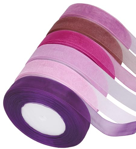 6 Rollen Organzaband Der Serie Lila, 45m X 2cm Geschenkband, Schleifenband Lila, Geschenkband Hochzeit, Chiffonband, Dekoband für Handgemachtes DIY und Weihnachtendeko