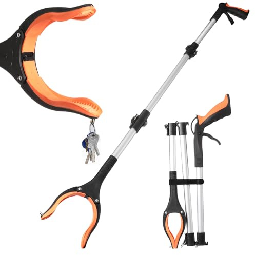 105cm Greifzange mit Magnetspitzen und 360°Drehbarer Kopf Faltbare Greifer für Senioren Lange Greifarm Müllzange Greif Werkzeug Orange Silber