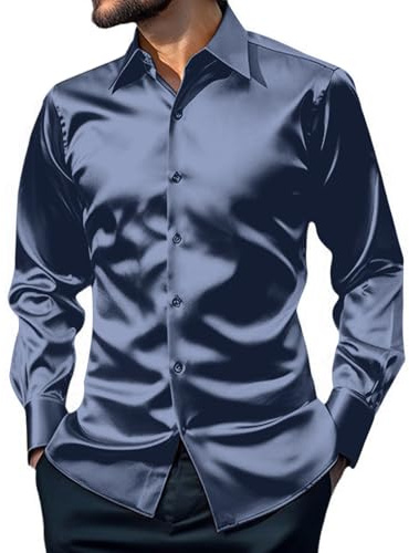 Wirltte Men's Dress Shirt Silk Luxury Long Sleeve Slim Fit Wedding Party Disco Prom Sequin Shirts