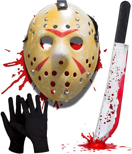Mega_Jumble Jason Voorhees Mask, Gloves & Bloody Machete Prop for Adult, Horror Jason Hockey Mask Scary Killer Fancy Dress Costume Halloween Party Cosplay Masquerade
