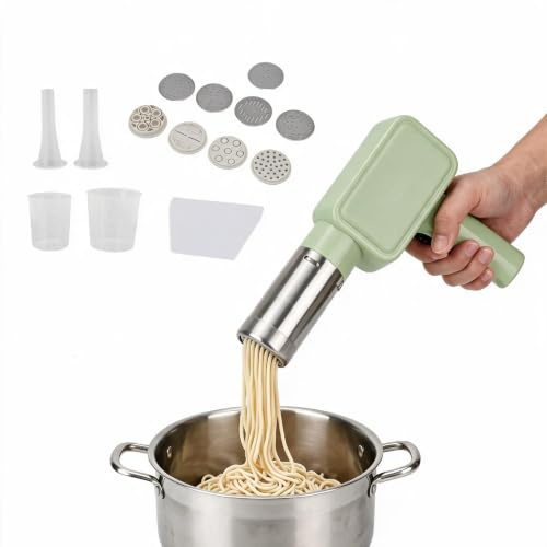 Máquina de hacer pasta eléctrica portátil con 9 moldes de pasta, 2 herramientas para hacer salchichas, máquina de prensado automática recargable para pasta casera (verde)