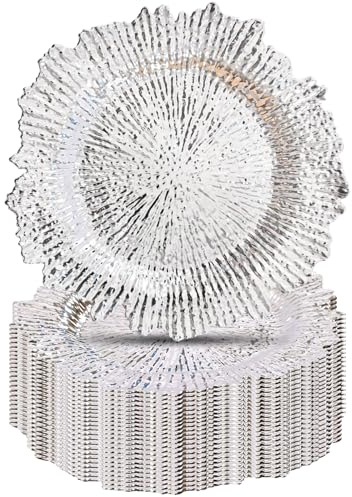 LOYALHEARTDY 24 Pack 13 Inch Silver Charger Plates, Plastic Reef Textured Rim Round Decorative Underplates for Wedding, Party, Dinner Table