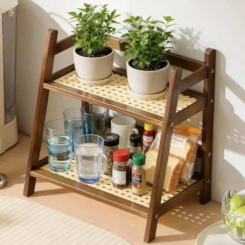 ZHYAKLD Küchenregal Arbeitsplatte,Bambus-Becherhalter,2-Stufig,Matcha-Ständer,Kaffee Organizer,Tassenregal Holz,Stehend Küche Aufbewahrung für Tee,Kaffee,Bar,Tassen-Display,Gewürz (Dunkelbraun A)