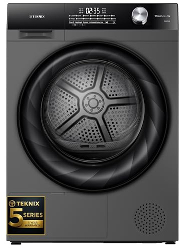 Teknix TK5HP9HS 60cm Freestanding 9kg Heatpump Front Load Tumble Dryer - 5 Year Cover - Quick Dry - AI Sensor Dry - Drying Rack - Titanium - A++ Rated