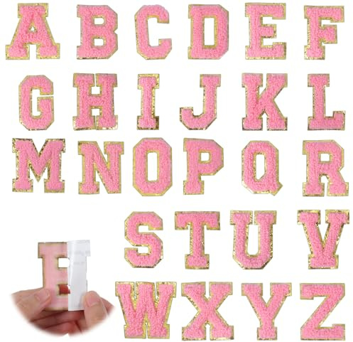 26 Stück Rosa Selbstklebende Buchstaben zum Aufbügeln,Buchstaben Patches von A bis Z,Flauschig Chenille Aufnäher,für Kleidung, Taschen, Hut, DIY-Zubehör