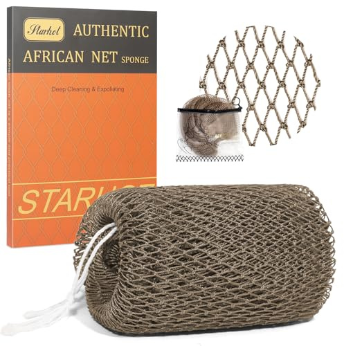Starhot African Net Sponge Authentic with Knots -1-Pack Exfoliating Body & Back Scrubber, Long Loofah Bath Sponge for Deep Cleansing & Dead Skin Removal (Light Brown)