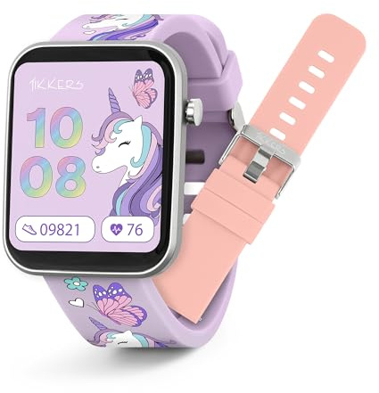 Tikkers Kids Series 13 enhörning smartklocka med fitnessmätare, väckarklocka, kamera, GPS-anslutning, pulsmätare, stegräknare, pekskärm, IP68, utbytbar silikonrem