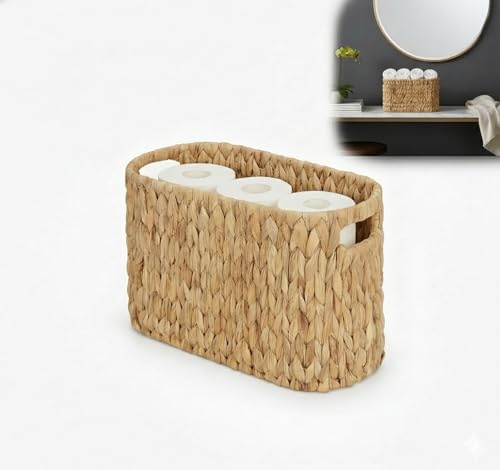 Cesta de jacinto de agua para papel higiénico, almacenamiento de papel higiénico con capacidad de 3 rollos, asas integradas, cesta estable para baño e inodoro de invitados