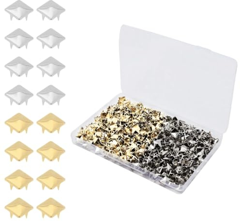 Zhixan 1000 remaches para ropa en maleta, 10 mm cuadrados de pirámide de 10 mm, remaches decorativos de metal, juego de puntas punk para manualidades, color dorado y plateado para cuero, vaqueros