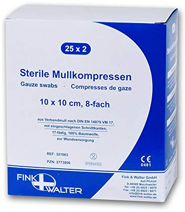 Fink & Walter Mullkompressen steril 10x10cm, 8-fach, VM 17 DIN 14079 BW, 50 Stück