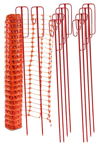UvV Mobiler 50 m Absperrzaun Baustellenabsperrung - Set mit Zaun in Orange inkl. 10 Absperrleinenhalter rot, Absperrnetz, Maschenzaun, Bauzaun Rolle Kunststoff