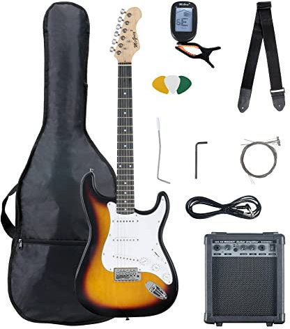 McGrey Rockit ST Komplettset E-Gitarre (8-teiliges Anfängerset mit Gitarre, Verstärker, Ersatzsaiten, Gitarrentasche, Stimmgerät, Plektren, Gurt und Gitarrenkabel) Sunburst