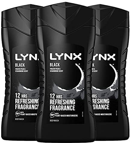 3 Pack of Lynx 12 Hours Shower-Fresh Scent Refreshing Black Pear and Cedarwood Scent Body Wash, 225ml with Plant-based Moisturisers
