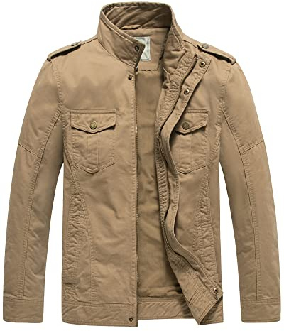 WenVen Homme Blouson en Coton Veste Coupe-Vent Veste Militaire Cargo Blouson Zippé Classique Manteau Casual Automne Veste d'Extérieur Grande Taille Kaki M