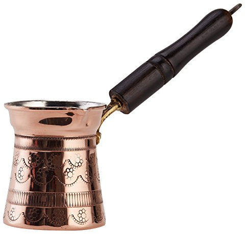 DEMMEX Türkische griechische Kaffeekanne aus Kupfer, Cezve Ibrik Briki, Herd-Kaffeemaschine mit Holzgriff, 100 % handgefertigt, geprägtes Blumenmuster, klein, 200 ml für 2–3 Demitasse-Tassen