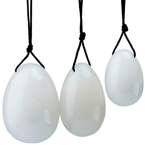 White Jade Yoni Eggs, June&Ann Set of 3 Drilled Natural Chakra Healing Yoga Exercise Eggs with String Massage Stones Ben Wa Ball for Women to Train Pelvic Muscles Kegel Exercise