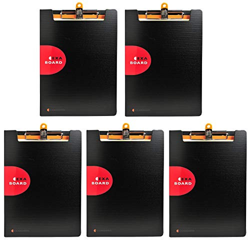 5er Pack Exactive Klemmbrett Exaboard in Schwarz mit Deckel und Gummibandverschluss/Schreibpult mit Stifthalter und integriertem Fach/Clipboard (35,2 x 23 cm)