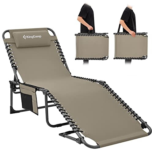 KingCamp Lounge Chair Outdoor, Folding Portable Tanning Chairs Comfy Adjustable 5-Position Lay Flat Foldable Chaise Chaser Lounger with Pillow for Outside Beach Patio Sun bathing Backyard Pool, Beige