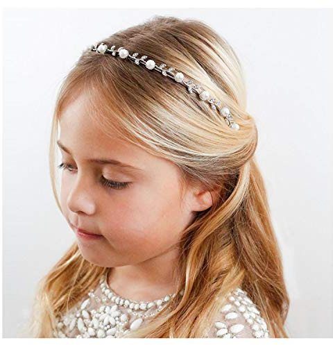 SWEETV Flower Girl Headpiece Silver Pearl Girls Headband for Wedding Princess Hair Accessories for Birthday Party, First Communion