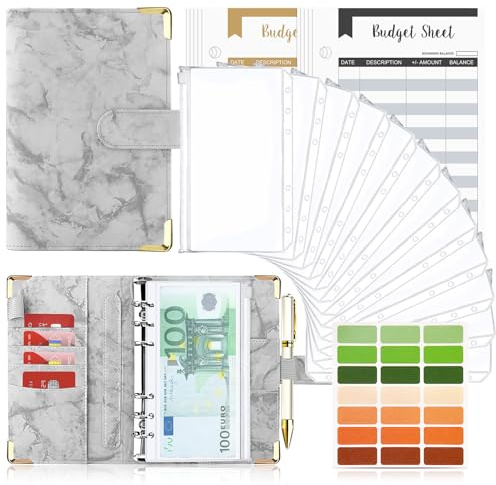 Budget Planner Budget Binder A6, Budgetplaner Geld Organizer mit Weiche PVC Tasche, TAOPE Leder Binder Notizbuch A6 Cash Stuffing, 6 Löcher Budget Planner, Haushaltsbuch mit Geldfächer Marmor Grau