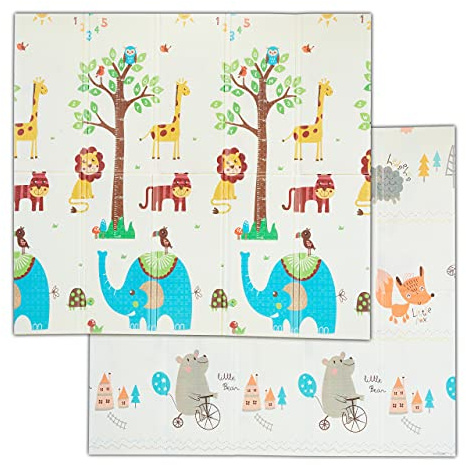 Relaxdays Alfombra Juego Niños, Alfombrilla Gateo, Reversible, Estampado Animales, Lavable, 195x175 cm, XPE, Multicolor | 195 x 175 cm, espuma XPE, alfombra de juegos para bebé