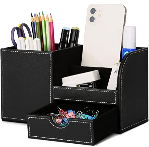 GORESE Organizer da Scrivania - Multifunzionale Portapenne,Portaoggetti da scrivania in elegante pelle PU Nero per Organizzatore di Cancelleria, Biglietti da Visita, Penne,Cellulari (Nero 1)