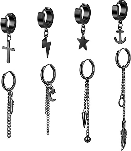 Thokono Lot de 8/12 boucles d'oreilles créoles pliables en acier inoxydable avec chaîne punk gothique Kpop - Boucles d'oreilles pendantes avec chaîne punk gothique Kpop - Boucles d'oreilles longues -
