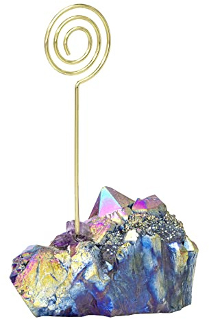 KYEYGWO Kristall Fotohalter Stein Tischkartenhalter, Hochzeit Kartenhalter Edelstein Platzkartenhalter Deko Tischnummernhalter Titanbeschichteter Bergkristall Memohalter für Büro Haus, Kreisförmig