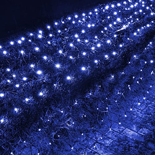 Dazzle Bright Christmas Net Lights, 360 LED 12FT x 5 FT Green Wire Waterproof Connectable String Lights with 8 Modes, Christmas Outdoor Light for Bushes Garden Party Wedding Holiday Decoration (Blue)