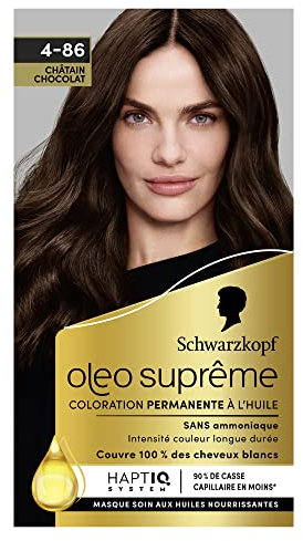 Schwarzkopf - Oléo Suprême - Châtain Chocolat - 4-86 - Coloration Permanente à l'Huile - Sans Ammoniaque - Intensité Couleur Longue Durée - Couvre 100% Des Cheveux Blancs - HAPTIQ Système