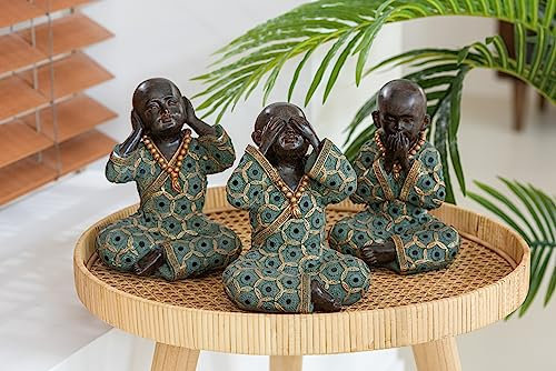 J-Line Edel 3 er Set Mönch Buddha Figur Sehen/Hören/Schweigen Poly Grün/Gold H21 cm