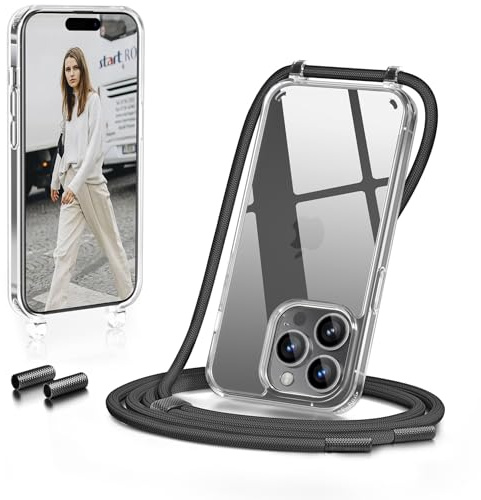GOODVISH Handykette für iPhone 15 Pro Max Hülle mit Band, Schwarz | Kameraschutz und Bildschirmschutz, Necklace Handyhülle Schnur Schutzhülle für Umhängen Transparent Case mit Kordel 6.7