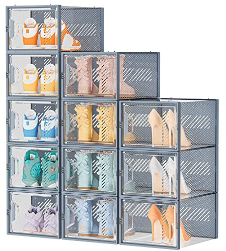 Schuhboxen Stapelbar Transparent, 12er Pack Schuhkarton Schuhorganizer | Schuhaufbewahrung mit Magnetische Tür und Aromatherapiestreifen für Stöckelschuhe Stiefeletten Pumps High Tops, bis Größe 46