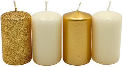 Dekohelden24 Stumpenkerze, Adventskerzen, Adventskranzkerzen, in Gold und Elfenbein, Verschiedene Farbnuancen, Größe H/Ø ca. 7 x 4 cm, 250 gr, Brenndauer 4X 10 h