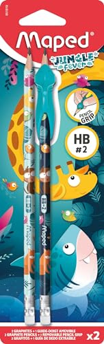 Maped - 2 HB Pencils with Eraser Tip + Jungle Fever Finger Guide - Fun Tool for Learning to Write - Recommended by Teachers - Suitable for Ages 3 and Above