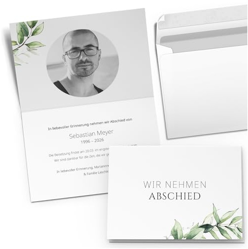 10 Trauerkarten personalisiert mit Text & Foto Traueranzeige Eukalyptus | Individuell anpassbare Trauer Klappkarten mit Umschlag | Einladung Beerdigung | Beerdigungskarten Trauerfall