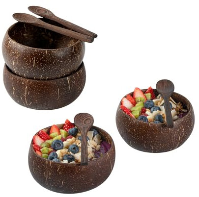 Restaurantware - Coco Casa - Cuencos de coco de 22 onzas con cucharas, 1 juego de cuencos reutilizables para batidos de coco – 2 cuencos y 2 cucharas, para alimentos calientes o fríos, juego de