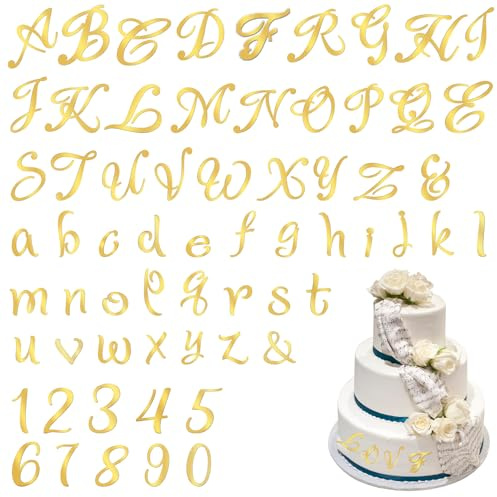 Tyqour Lot de 64 lettres alphabet acrylique doré pour décoration de gâteau - Chiffres 0-9 et lettres minuscules A-Z