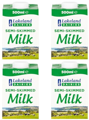 Lakeland UHT Semi Skimmed Milk 500ml Pack of 4 Low Fat 1.5% Long Shelf Life Calcium Dairy Drink Screw Top Multipack Catering Hospitality Office Pantry with Welari Thank You Card | (4pack) (2000ml)