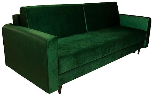 MG Design Schlafsofa mit Bettkasten 191x61 cm (Liegefläche 195 x 145 cm) – mit Armlehnen, Zwei Kissen – Stoff: Velour, Farbe Grün – Sofa 3 Sitzer, leicht abwischbar, für Wohnzimmer/Gästezimmer
